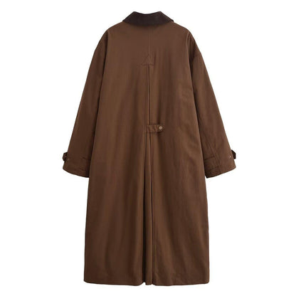 Ready Stock Women's Autumn and Winter New Style Lapel Waxing Effect Loose Casual Long Windbreaker Jacket Blended Long Sleeves