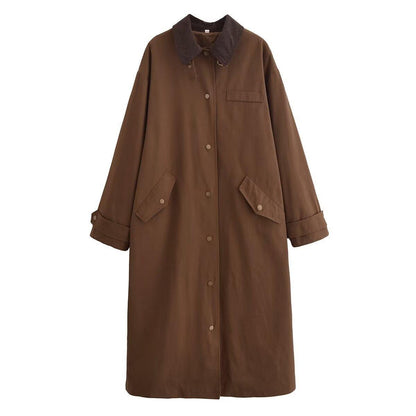 Ready Stock Women's Autumn and Winter New Style Lapel Waxing Effect Loose Casual Long Windbreaker Jacket Blended Long Sleeves