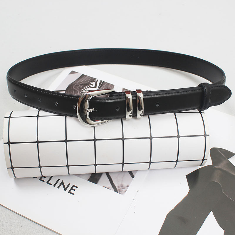 New high-grade women's silver buckle belt casual all-match two-layer cowhide belt with jeans casual pants fashion