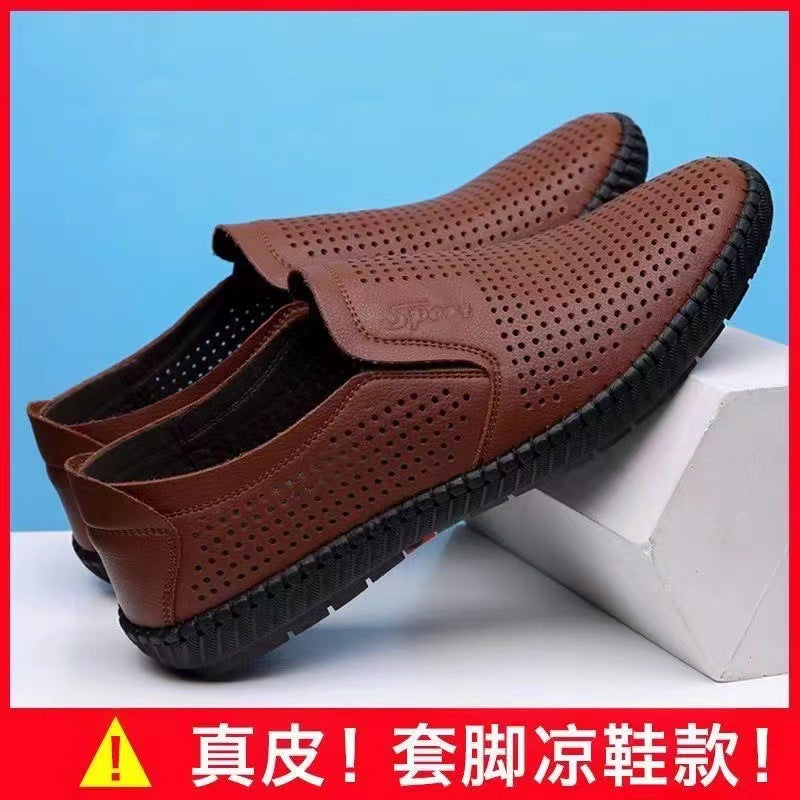 Genuine Leather Cowhide Men's Breathable Deodorant Summer Extraordinary Size Slip-on Men's Casual Leather Shoes Soft Leather Peas Men's Shoes