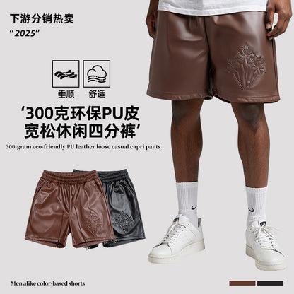 300g Eco-friendly PU Leather American Style Vintage Men's Foil Leather Embroidered Leather Shorts Loose Casual All-match Fashion Leather Pants