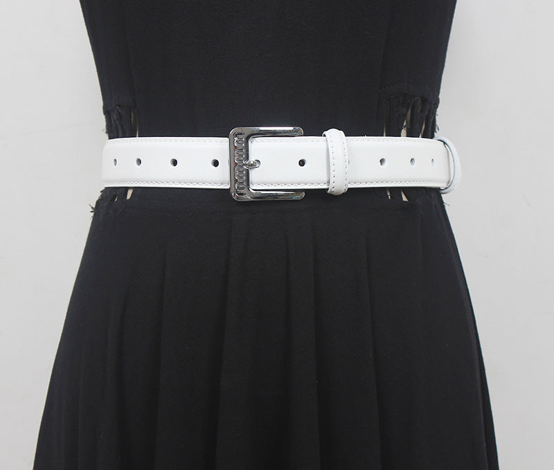 Retro belt for women Spring new silver buckle two-layer cowhide fashionable all-match pants with textured belt