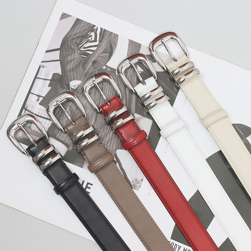 New high-grade women's silver buckle belt casual all-match two-layer cowhide belt with jeans casual pants fashion