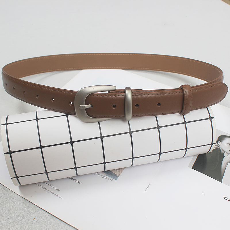 French simple all-match Belt Women's distressed silver buckle two-layer cowhide belt with mop pants jeans shorts New