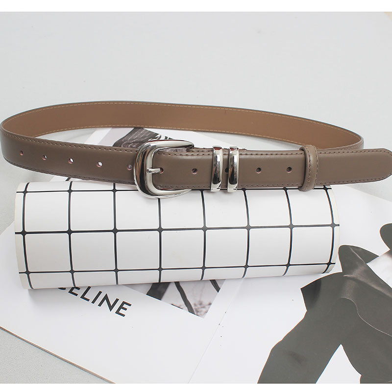 New high-grade women's silver buckle belt casual all-match two-layer cowhide belt with jeans casual pants fashion