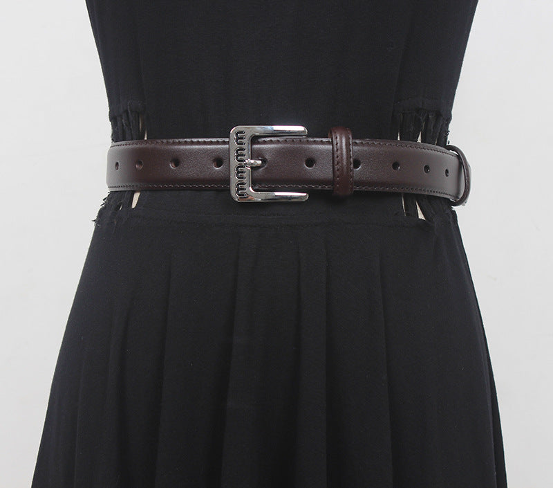 Retro belt for women Spring new silver buckle two-layer cowhide fashionable all-match pants with textured belt