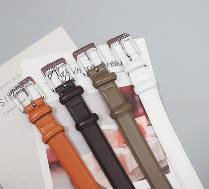 Retro belt for women Spring new silver buckle two-layer cowhide fashionable all-match pants with textured belt