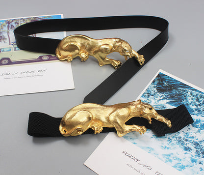 Original design heavy exquisite carved antique leopard delicate domineering top layer leather belt female decoration
