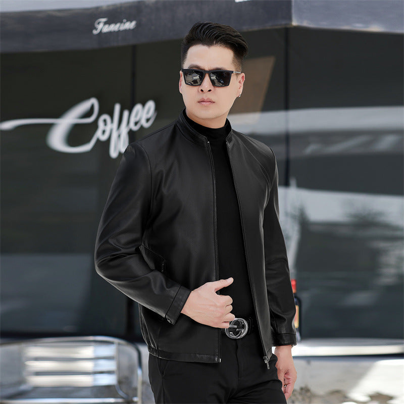 2024 winter leather men's middle-aged father winter leather jacket fleece-lined thickened middle-aged men's soft leather jacket