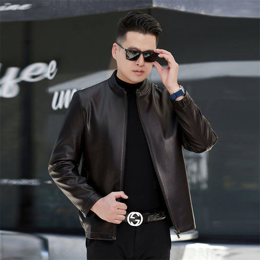 2024 winter leather men's middle-aged father winter leather jacket fleece-lined thickened middle-aged men's soft leather jacket