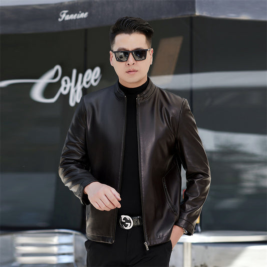 2024 winter leather men's middle-aged father winter leather jacket fleece-lined thickened middle-aged men's soft leather jacket
