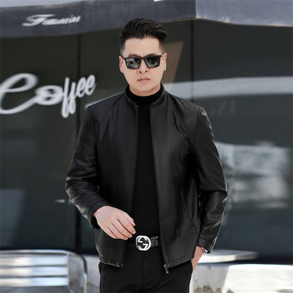2024 winter leather men's middle-aged father winter leather jacket fleece-lined thickened middle-aged men's soft leather jacket