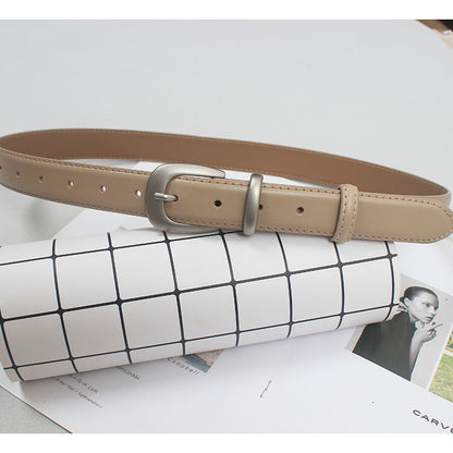 French simple all-match Belt Women's distressed silver buckle two-layer cowhide belt with mop pants jeans shorts New