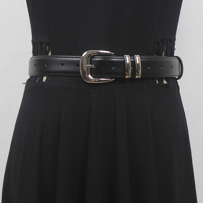 New high-grade women's silver buckle belt casual all-match two-layer cowhide belt with jeans casual pants fashion