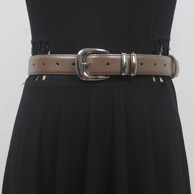 New high-grade women's silver buckle belt casual all-match two-layer cowhide belt with jeans casual pants fashion