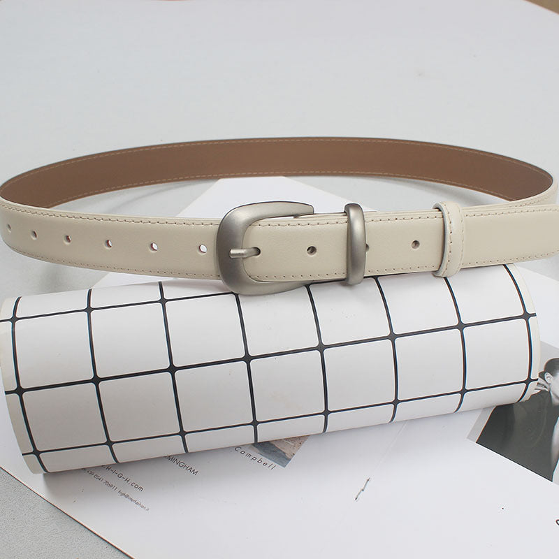 French simple all-match Belt Women's distressed silver buckle two-layer cowhide belt with mop pants jeans shorts New