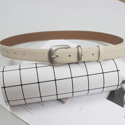 French simple all-match Belt Women's distressed silver buckle two-layer cowhide belt with mop pants jeans shorts New