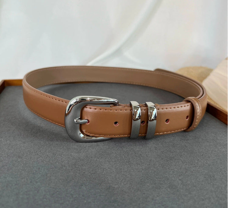New high-grade women's silver buckle belt casual all-match two-layer cowhide belt with jeans casual pants fashion