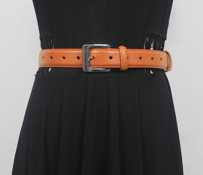 Retro belt for women Spring new silver buckle two-layer cowhide fashionable all-match pants with textured belt