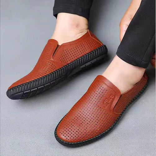Genuine Leather Cowhide Men's Breathable Deodorant Summer Extraordinary Size Slip-on Men's Casual Leather Shoes Soft Leather Peas Men's Shoes