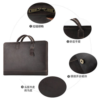 New Genuine Leather Computer Bag for Business Men 15.6inch Vintage Crazy Horse Leather Multifunctional Briefcase Men's Bag