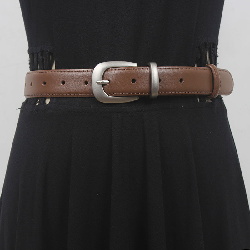 French simple all-match Belt Women's distressed silver buckle two-layer cowhide belt with mop pants jeans shorts New
