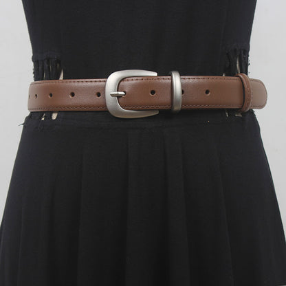 French simple all-match Belt Women's distressed silver buckle two-layer cowhide belt with mop pants jeans shorts New