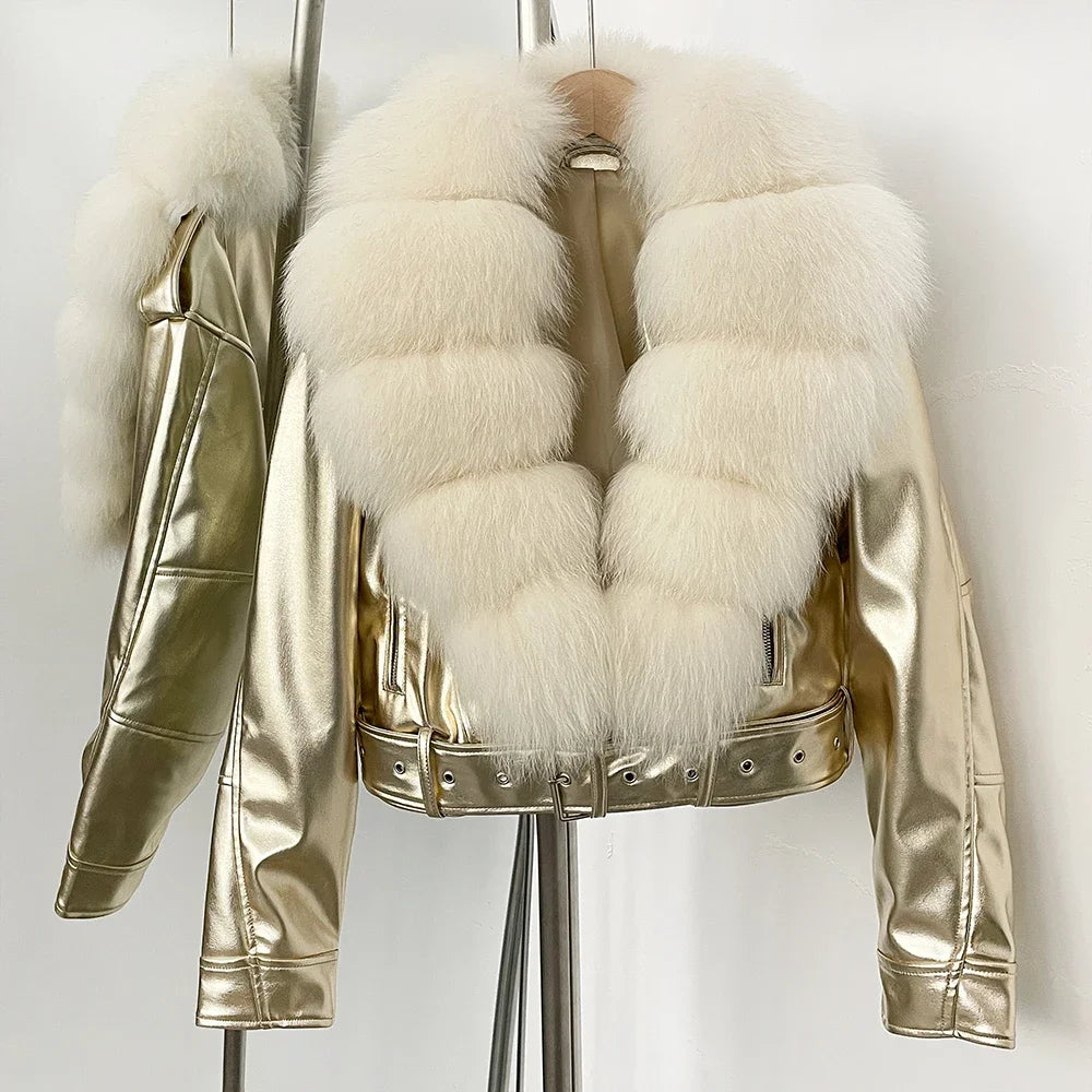 Fake Leather Coat New Natural Fox Fur Autumn Short Faux Leather Jacket Female Spring PU Women Long Sleeve Real Fur Coat Thin