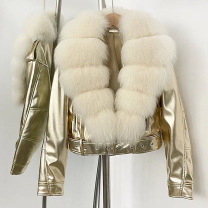 Fake Leather Coat New Natural Fox Fur Autumn Short Faux Leather Jacket Female Spring PU Women Long Sleeve Real Fur Coat Thin