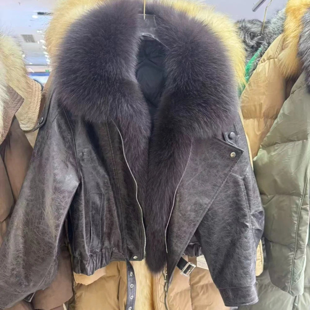 OFTBUY Women's Detachable Real Fox Fur Collar Goose Down Jacket New Winter Top Clothes Oil Wax Faux Leather Puffer Coat Female