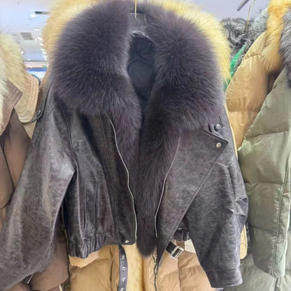 OFTBUY Women's Detachable Real Fox Fur Collar Goose Down Jacket New Winter Top Clothes Oil Wax Faux Leather Puffer Coat Female