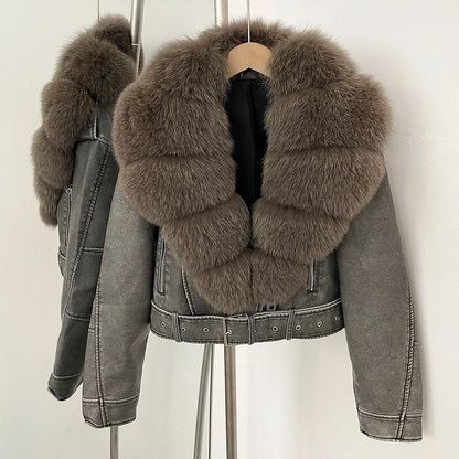 Fake Leather Coat New Natural Fox Fur Autumn Short Faux Leather Jacket Female Spring PU Women Long Sleeve Real Fur Coat Thin