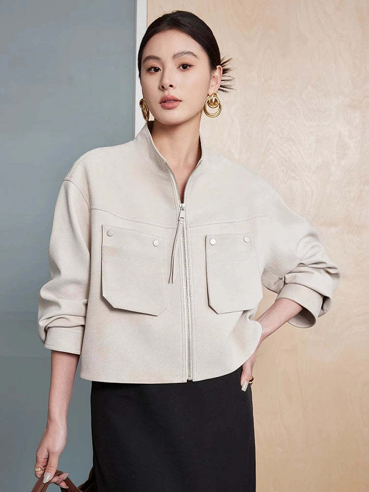 Genuine Leather Cropped Jackets for Women Spring Autumn High-end Simple Stand Collar Deer-patterned Real Goatskin Leather Coat