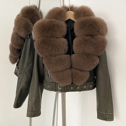 Fake Leather Coat New Natural Fox Fur Autumn Short Faux Leather Jacket Female Spring PU Women Long Sleeve Real Fur Coat Thin