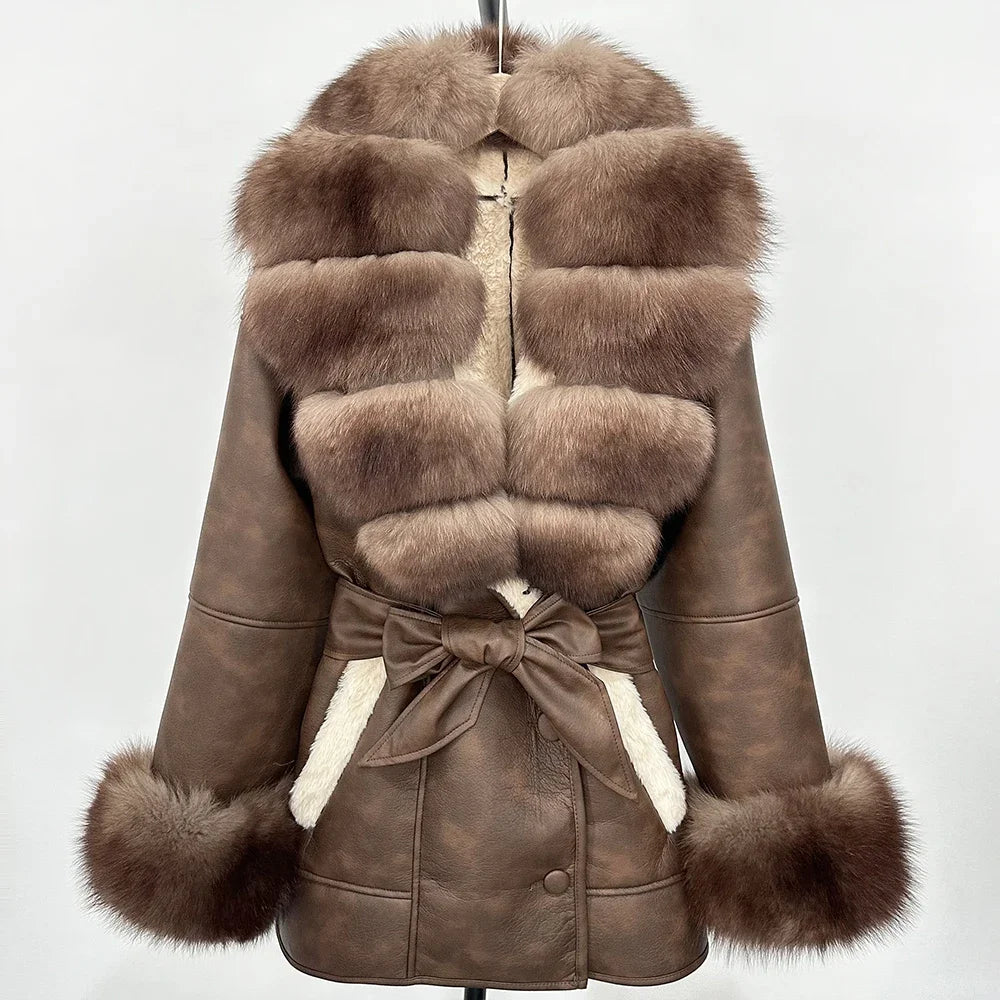 OFTBUY Real Fox Fur Jacket Lamb Fur Ladies 2025 Large Fur Coat Women Faux Leather Jacket New Autumn Winter Warm Outwear Tops