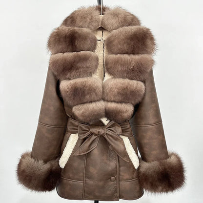 OFTBUY Real Fox Fur Jacket Lamb Fur Ladies 2025 Large Fur Coat Women Faux Leather Jacket New Autumn Winter Warm Outwear Tops