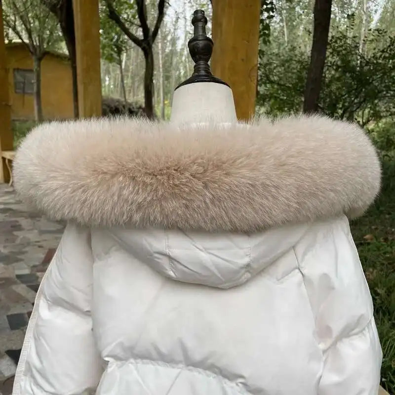 Winter Fox Fur Collar Women Real Fur Shawls Scarf Warm Genuine Leather Grass Down Jacket Cotton-padded Jacket Hood Trims Decor