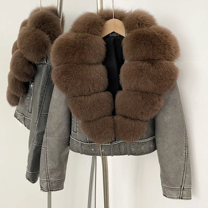 Fake Leather Coat New Natural Fox Fur Autumn Short Faux Leather Jacket Female Spring PU Women Long Sleeve Real Fur Coat Thin
