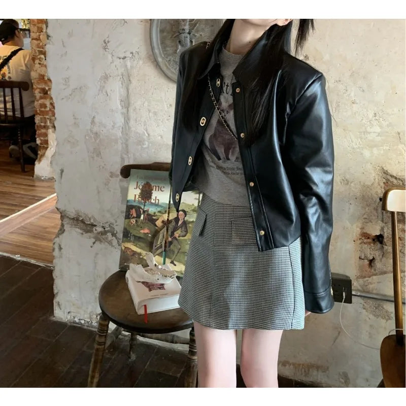 Black Motorcycle Jacket Leather Coat Women's 2025 Retro Fashion Top