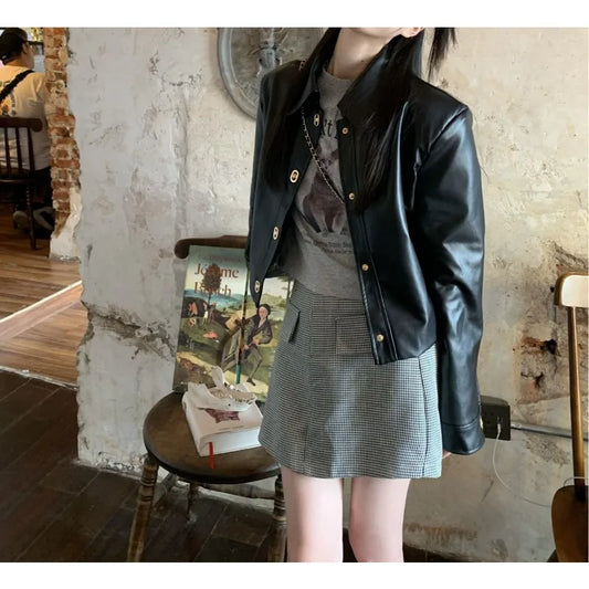 Black Motorcycle Jacket Leather Coat Women's 2025 Retro Fashion Top