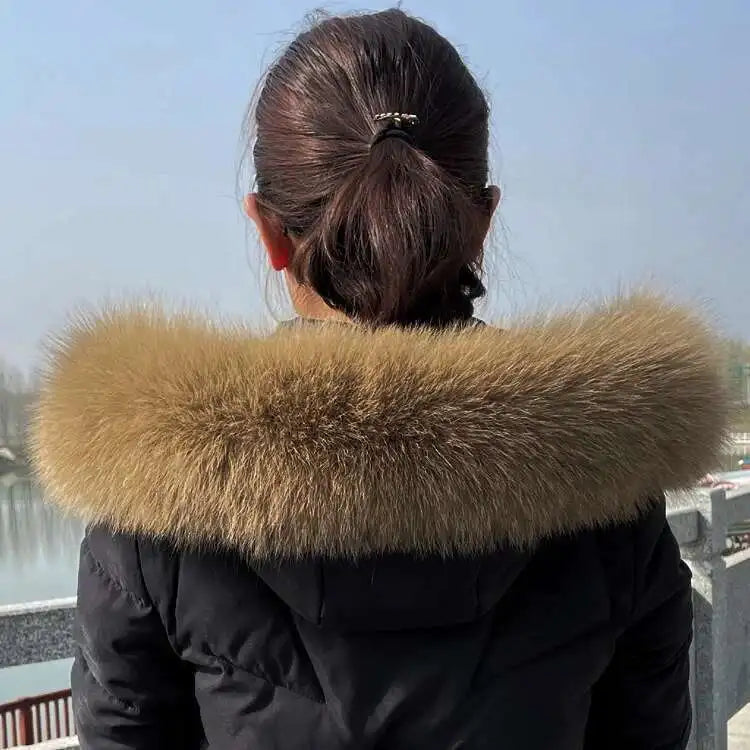 Winter Fox Fur Collar Women Real Fur Shawls Scarf Warm Genuine Leather Grass Down Jacket Cotton-padded Jacket Hood Trims Decor