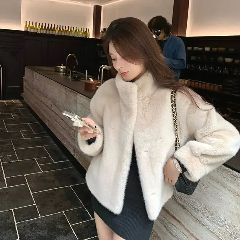 Spring Autumn Lady Short Leather Fur Outwear 2026 Women Fashion Stand Collar Mink Fur Top Female Long Sleeves Fox Jacket