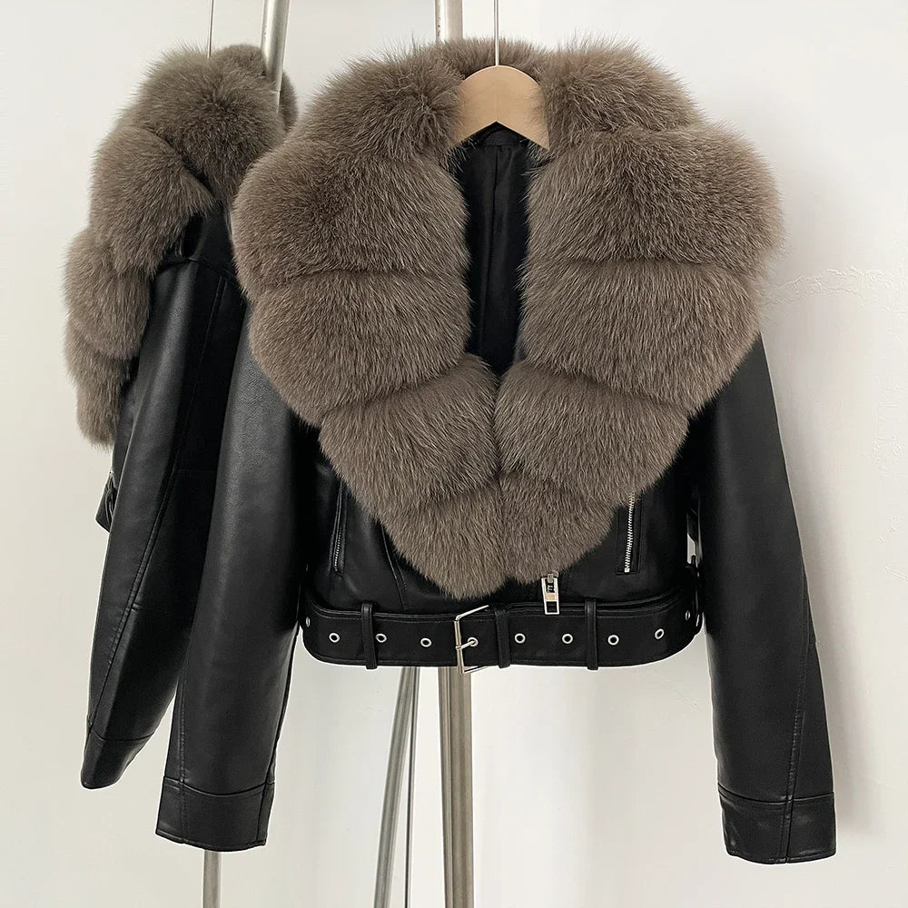 Fake Leather Coat New Natural Fox Fur Autumn Short Faux Leather Jacket Female Spring PU Women Long Sleeve Real Fur Coat Thin