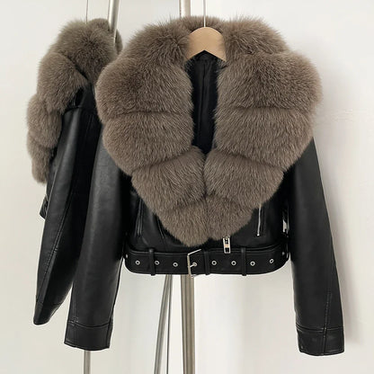 Fake Leather Coat New Natural Fox Fur Autumn Short Faux Leather Jacket Female Spring PU Women Long Sleeve Real Fur Coat Thin