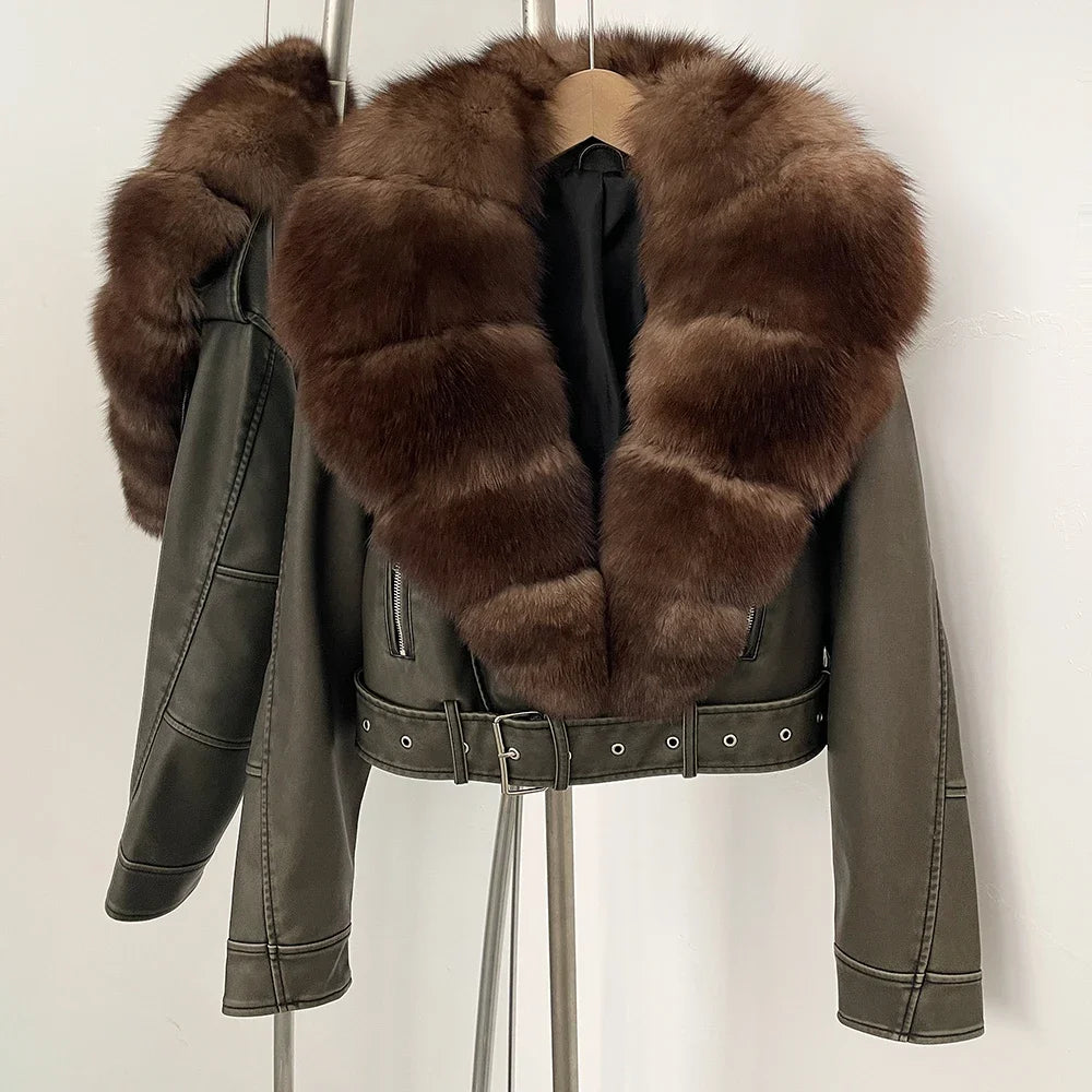 Fake Leather Coat New Natural Fox Fur Autumn Short Faux Leather Jacket Female Spring PU Women Long Sleeve Real Fur Coat Thin