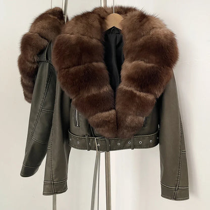 Fake Leather Coat New Natural Fox Fur Autumn Short Faux Leather Jacket Female Spring PU Women Long Sleeve Real Fur Coat Thin