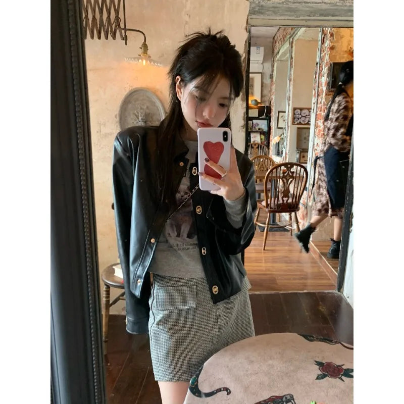 Black Motorcycle Jacket Leather Coat Women's 2025 Retro Fashion Top