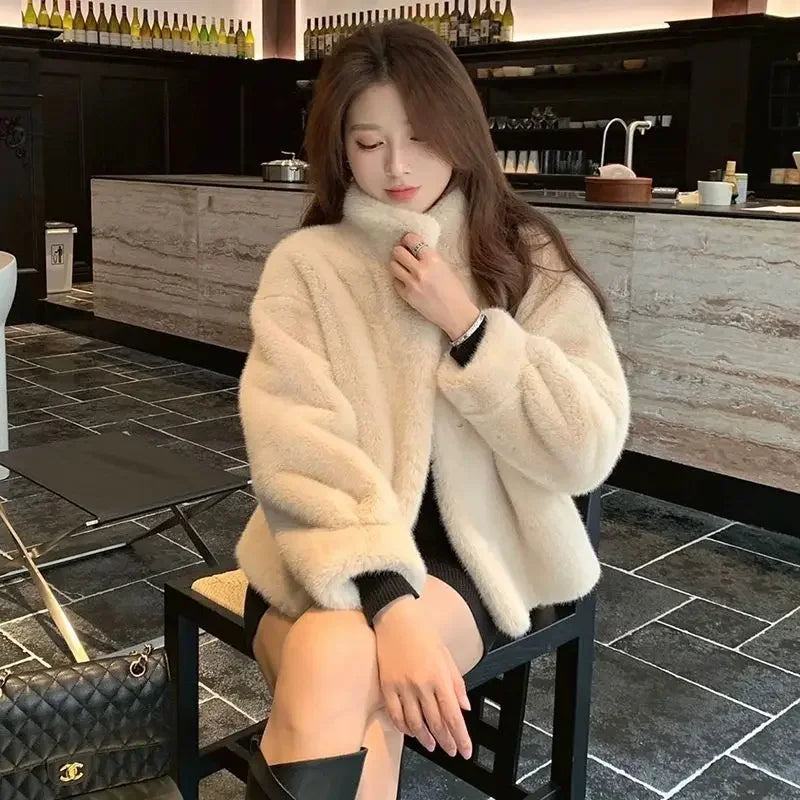 Spring Autumn Lady Short Leather Fur Outwear 2026 Women Fashion Stand Collar Mink Fur Top Female Long Sleeves Fox Jacket