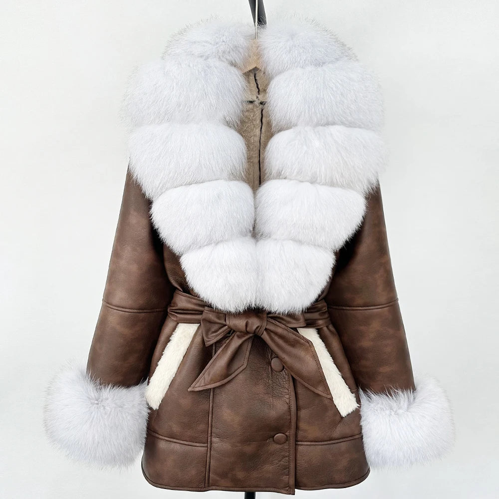 OFTBUY Real Fox Fur Jacket Lamb Fur Ladies 2025 Large Fur Coat Women Faux Leather Jacket New Autumn Winter Warm Outwear Tops