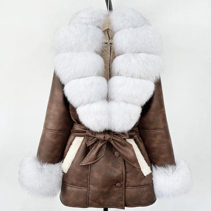 OFTBUY Real Fox Fur Jacket Lamb Fur Ladies 2025 Large Fur Coat Women Faux Leather Jacket New Autumn Winter Warm Outwear Tops